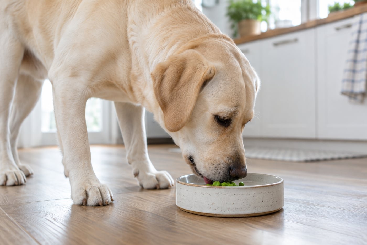 Cream Labrador tasting a few plain cooked mashed green peas.