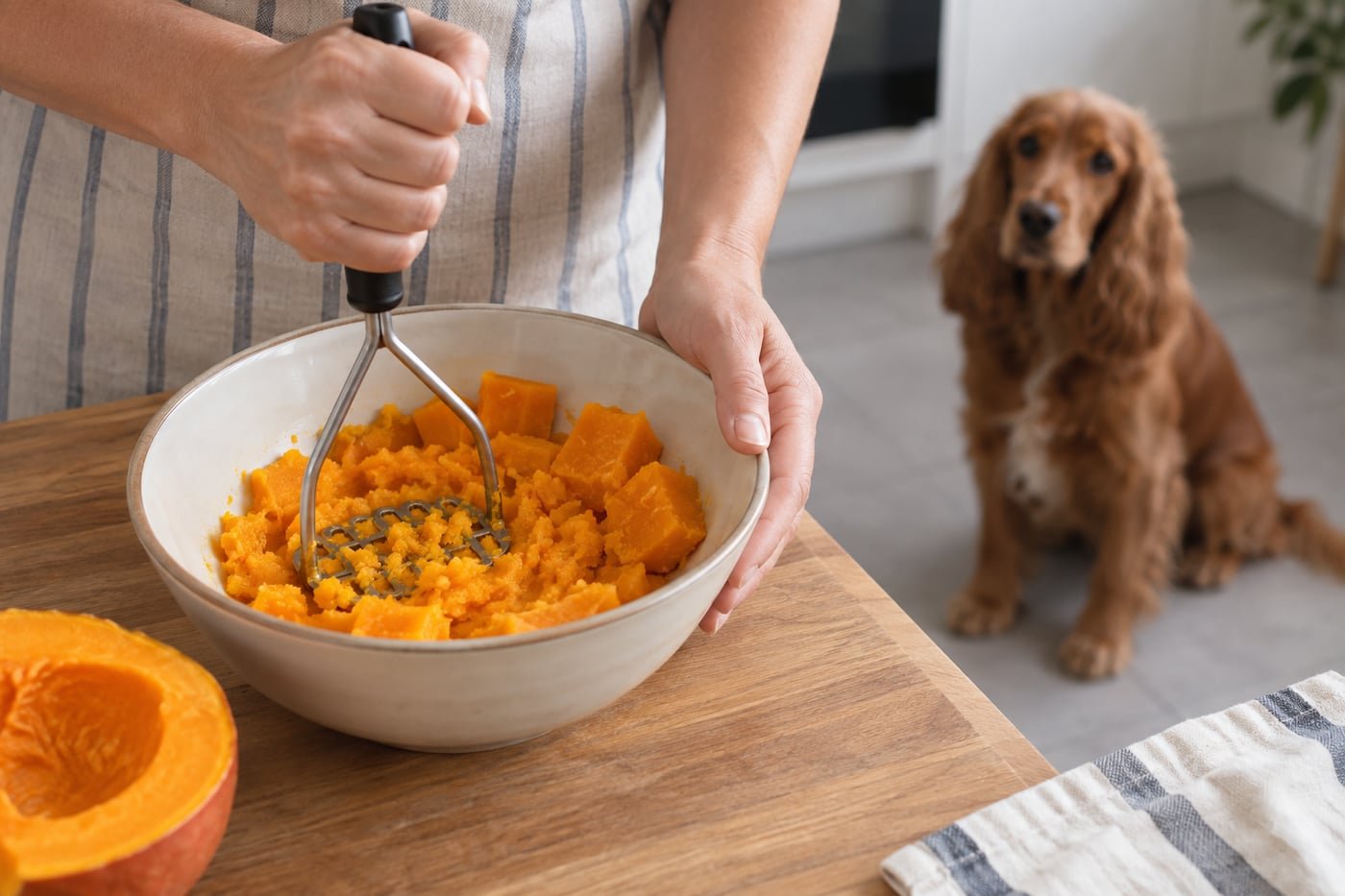 Owner mashing plain cooked peeled pumpkin flesh.
