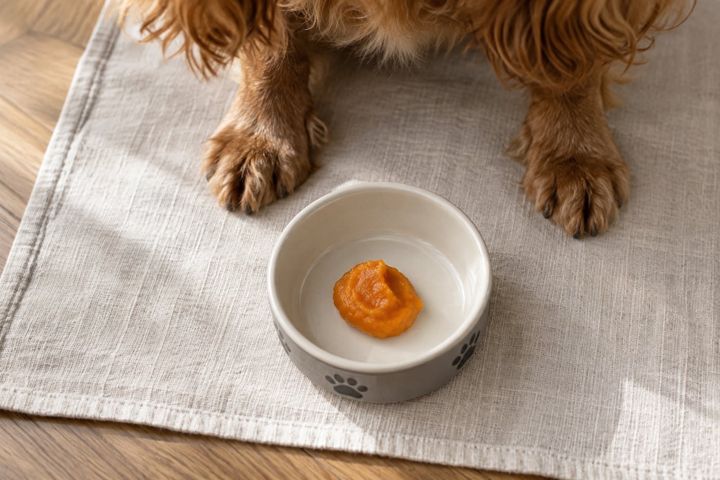 Small treat portion: a small spoonful of plain cooked pumpkin puree.