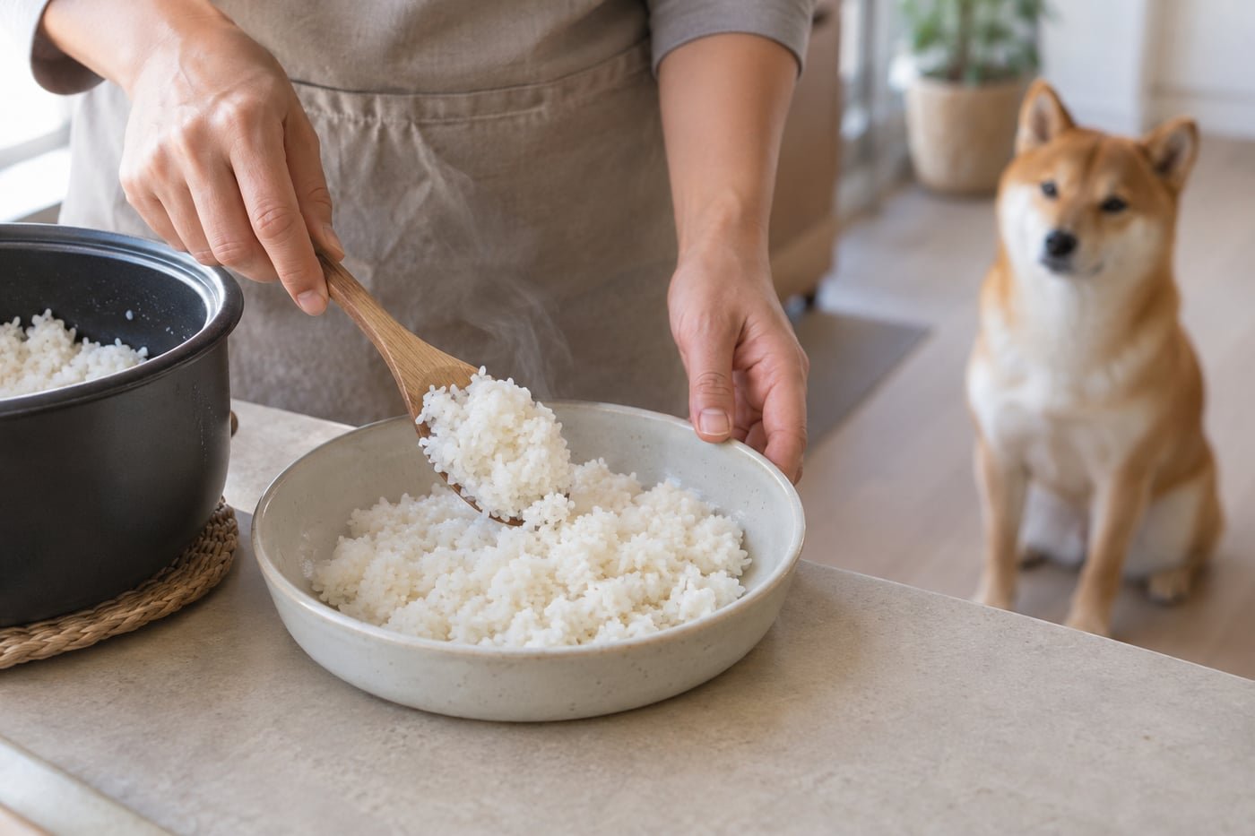 Owner spooning plain cooked white rice into a dish to cool.