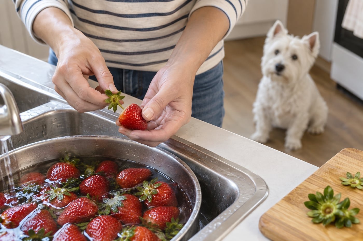 Owner washing strawberries and removing leafy tops.