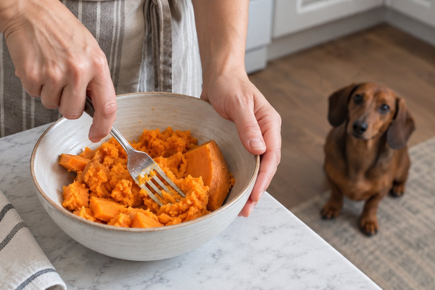 Owner mashing plain fully cooked peeled sweet potato.