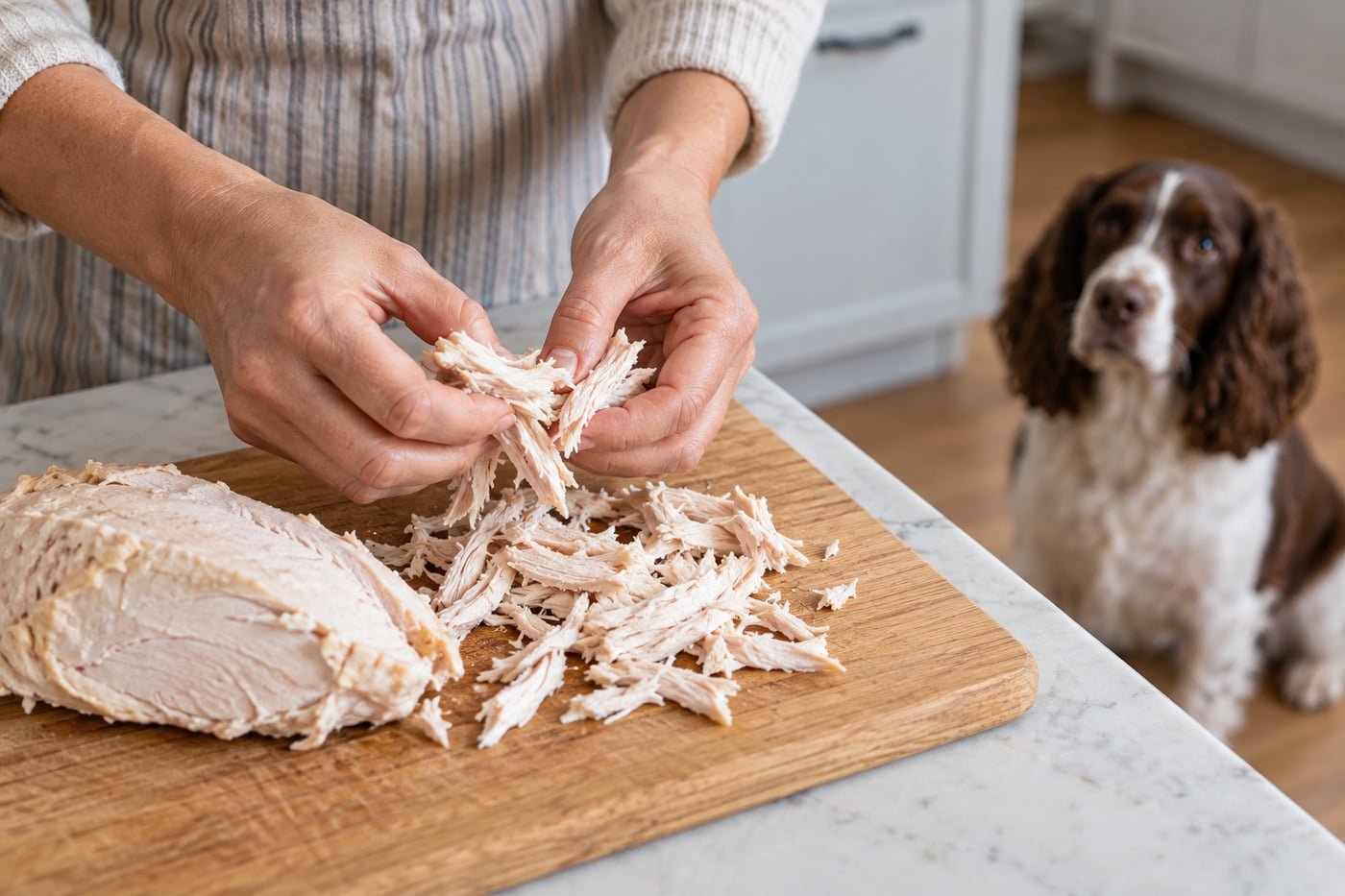 Owner shredding plain fully cooked boneless skinless turkey breast.