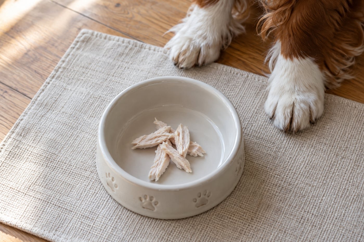 Small treat portion: a few small shreds of plain cooked boneless skinless turkey breast.
