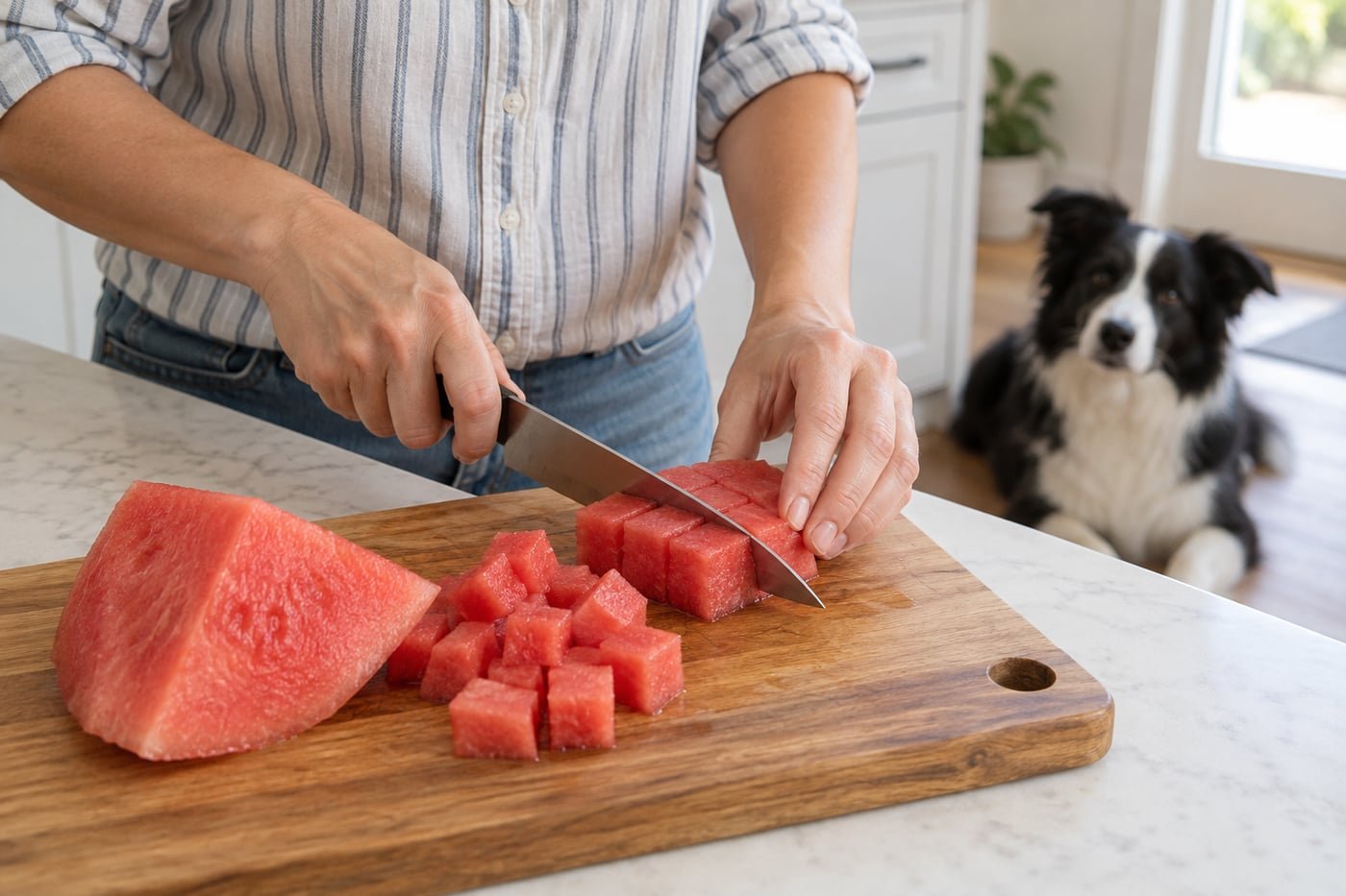 Owner dicing seedless watermelon flesh with rind removed.