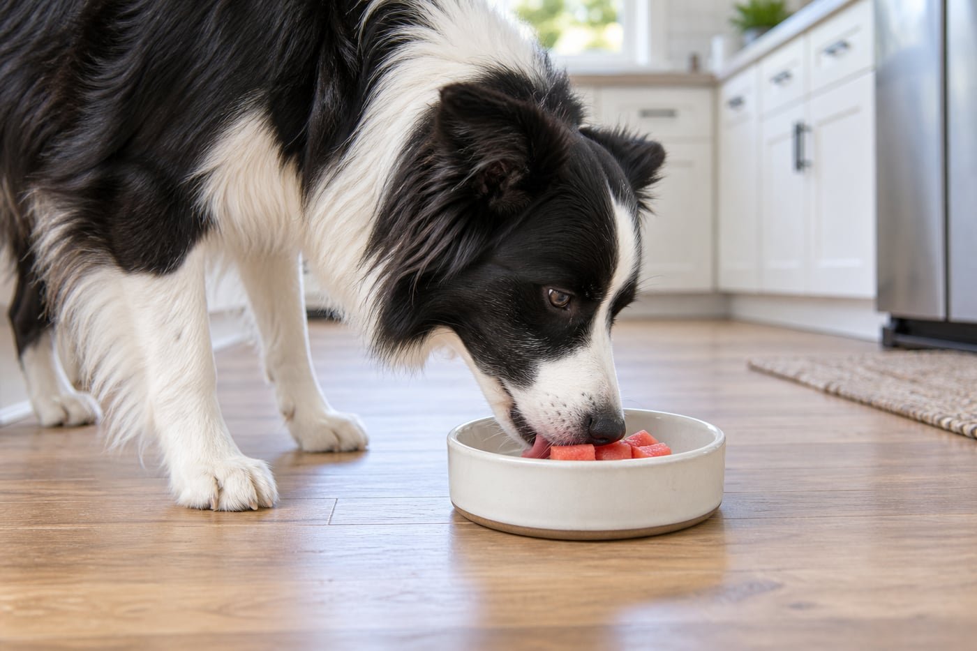 Border collie tasting tiny seedless rind-free watermelon cubes.