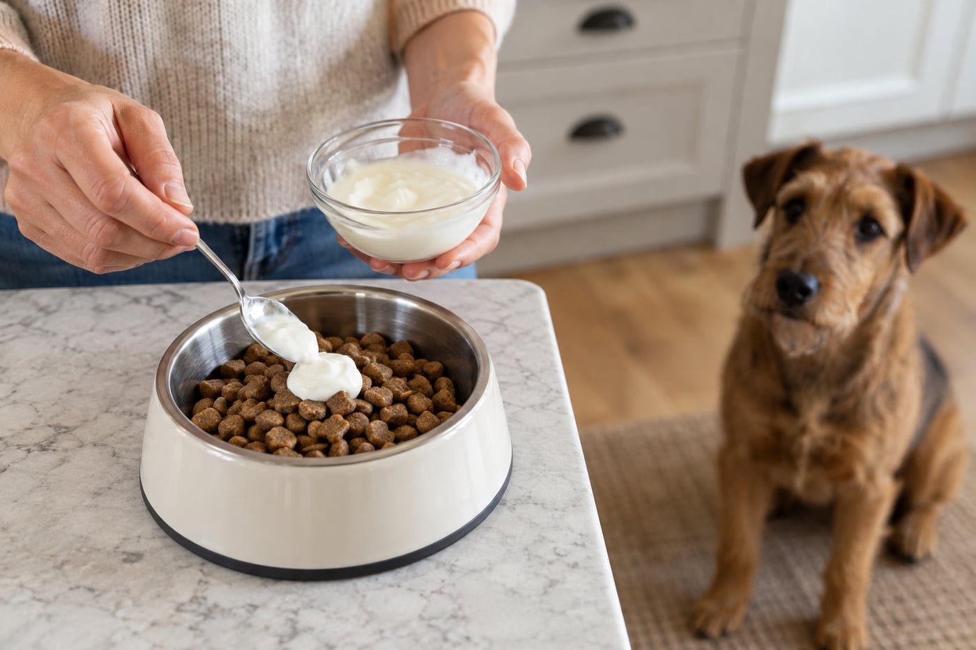 Owner spooning a tiny amount of plain white yogurt into a pet dish.