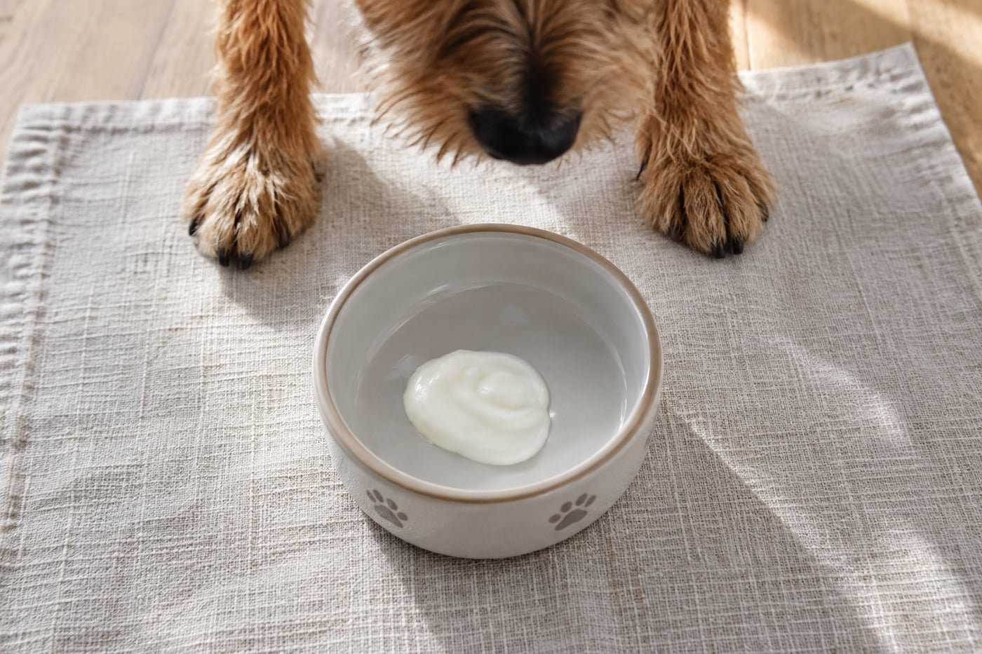 Small treat portion: a tiny lick of plain unsweetened yogurt.