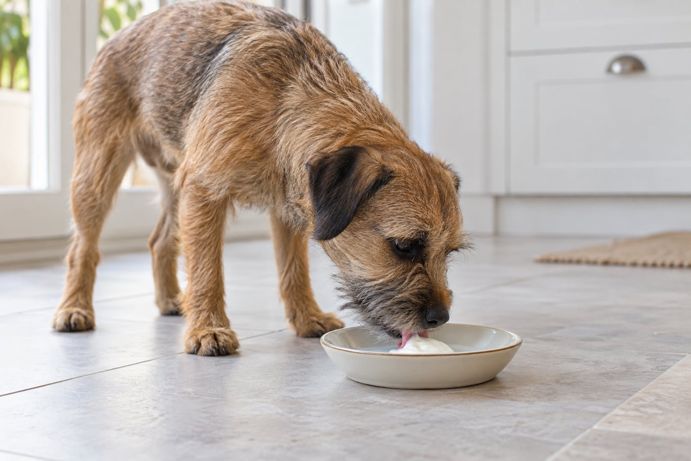 Brown terrier tasting a tiny lick of plain unsweetened yogurt.