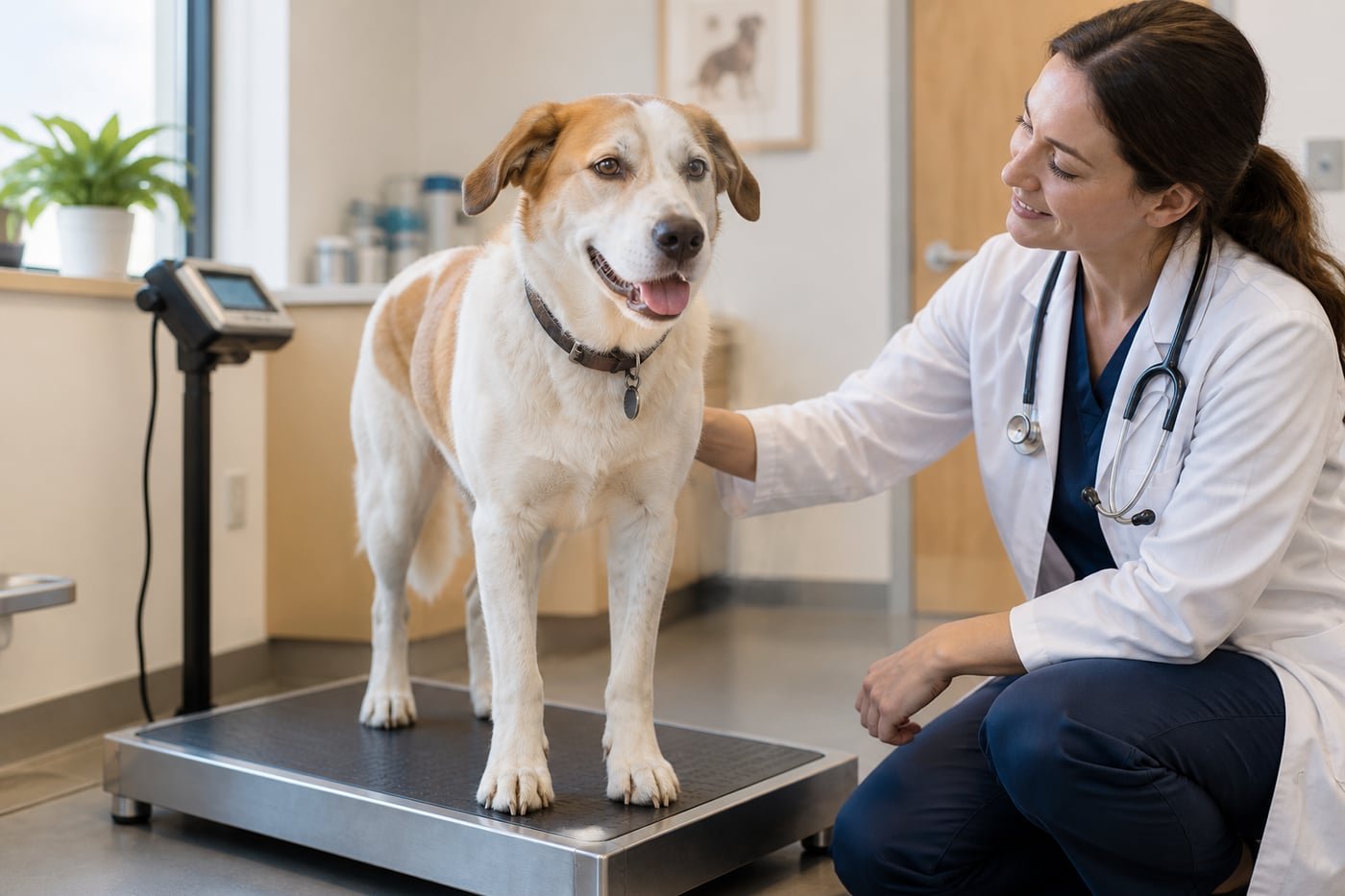 Dog standing on a scale during a veterinary wellness visit.