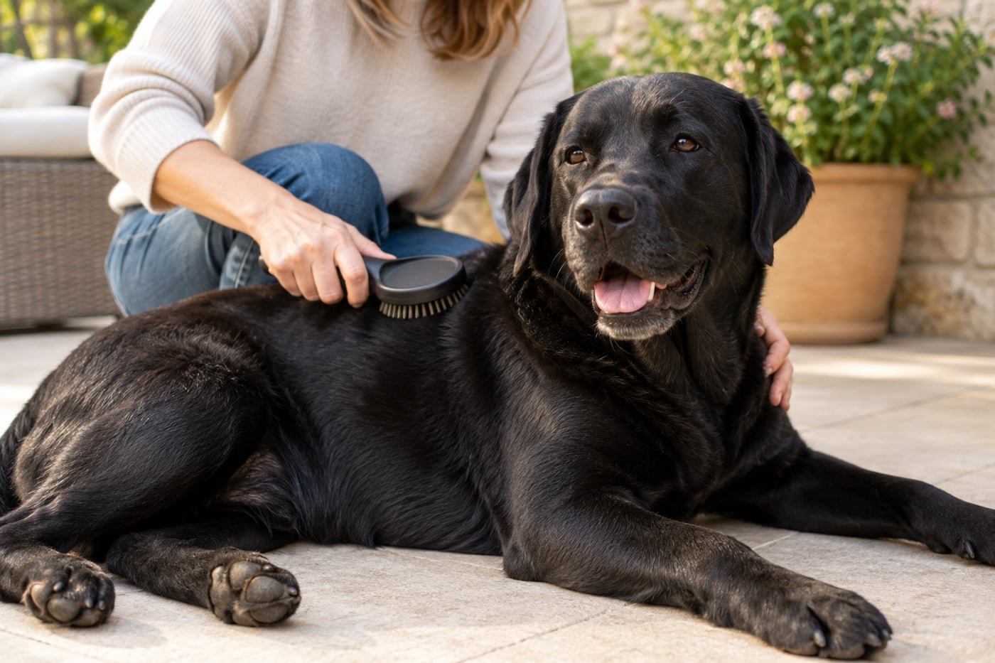 Owner brushing a relaxed black Labrador.