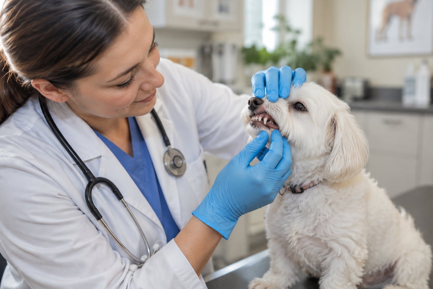Veterinarian examining a small white dog's mouth.
