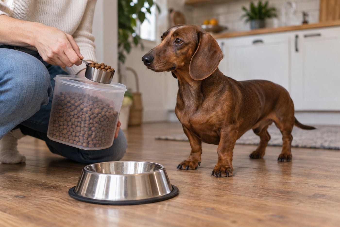 Owner measuring kibble beside a dachshund.