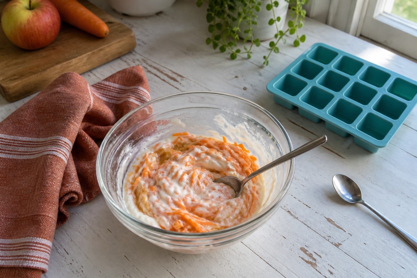 Preparing apple and carrot yogurt freezer bites