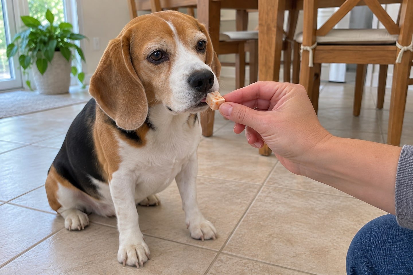 A hand offering a small apple and carrot yogurt freezer bites treat to the beagle