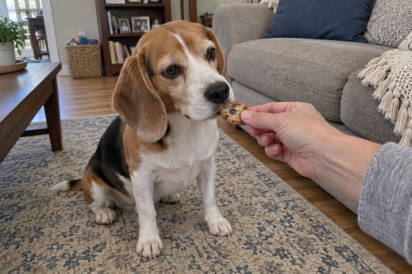 A hand offering a small baked salmon blueberry dog biscuits treat to the beagle