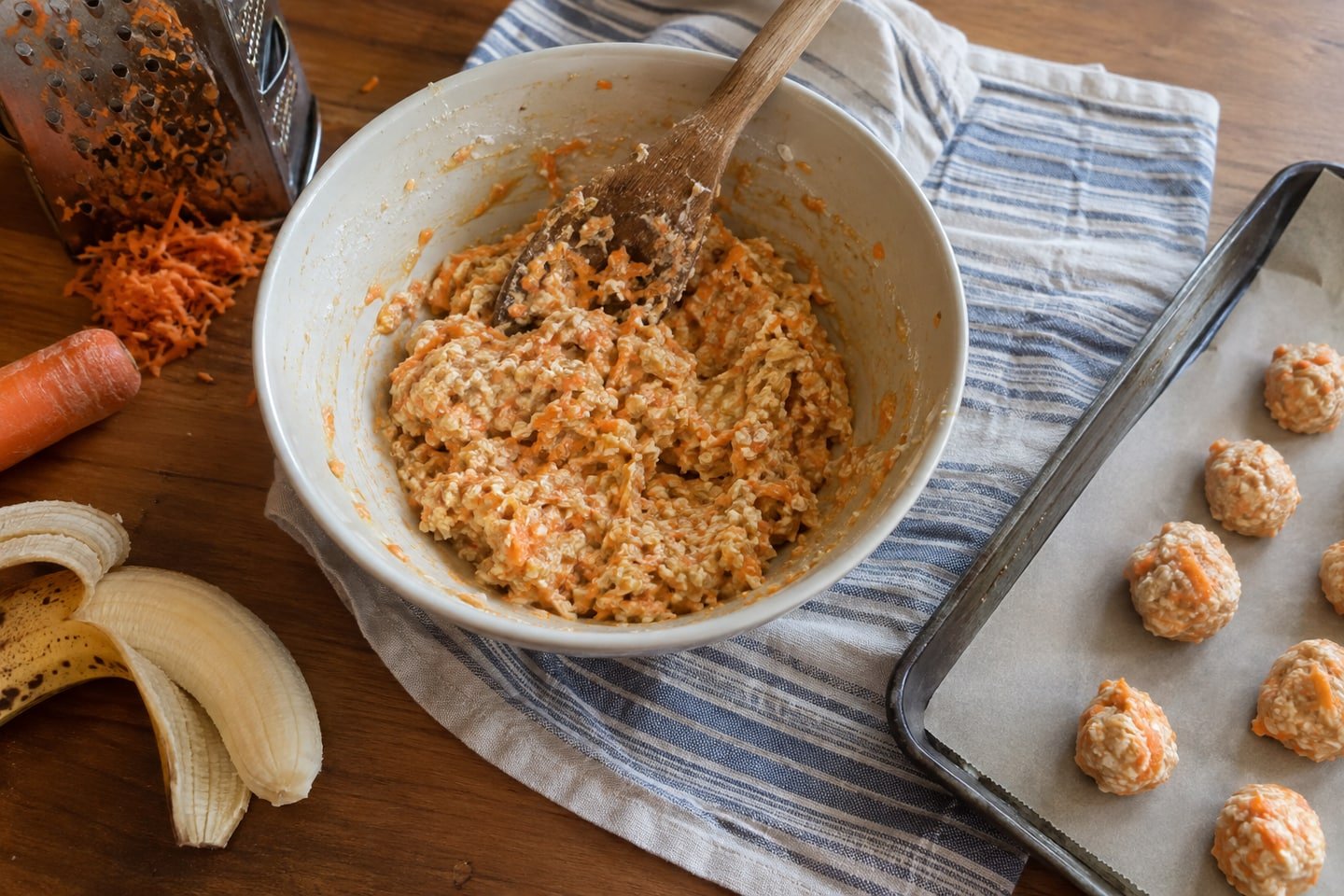 Preparing chilled banana and carrot dog bites