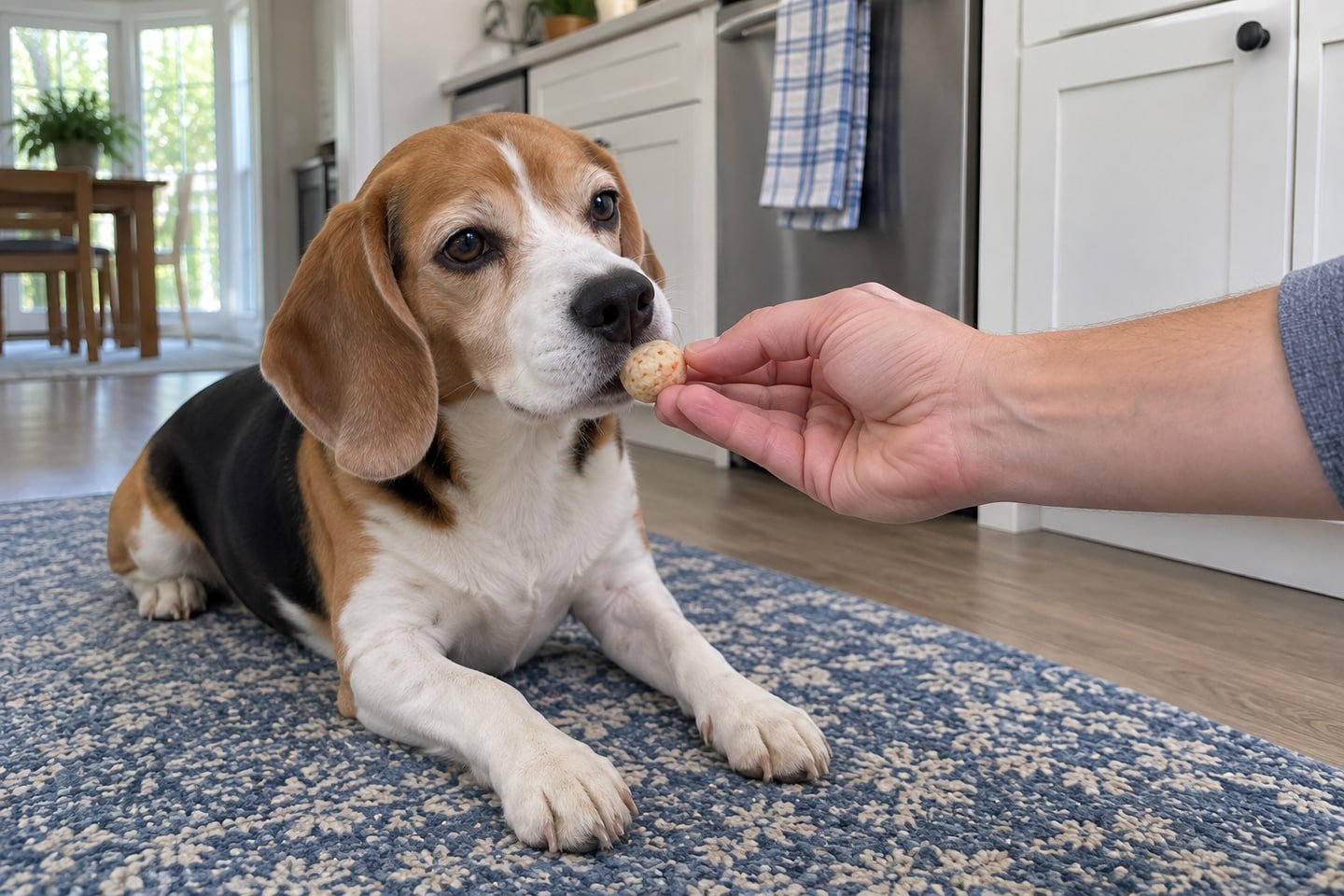 A hand offering a small chilled banana and carrot dog bites treat to the beagle