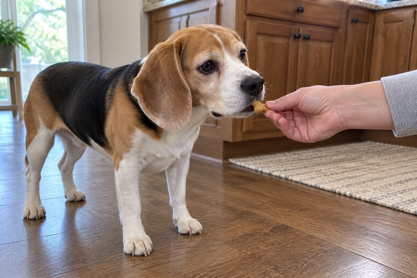 A hand offering a small banana peanut butter dog treat maker bites treat to the beagle