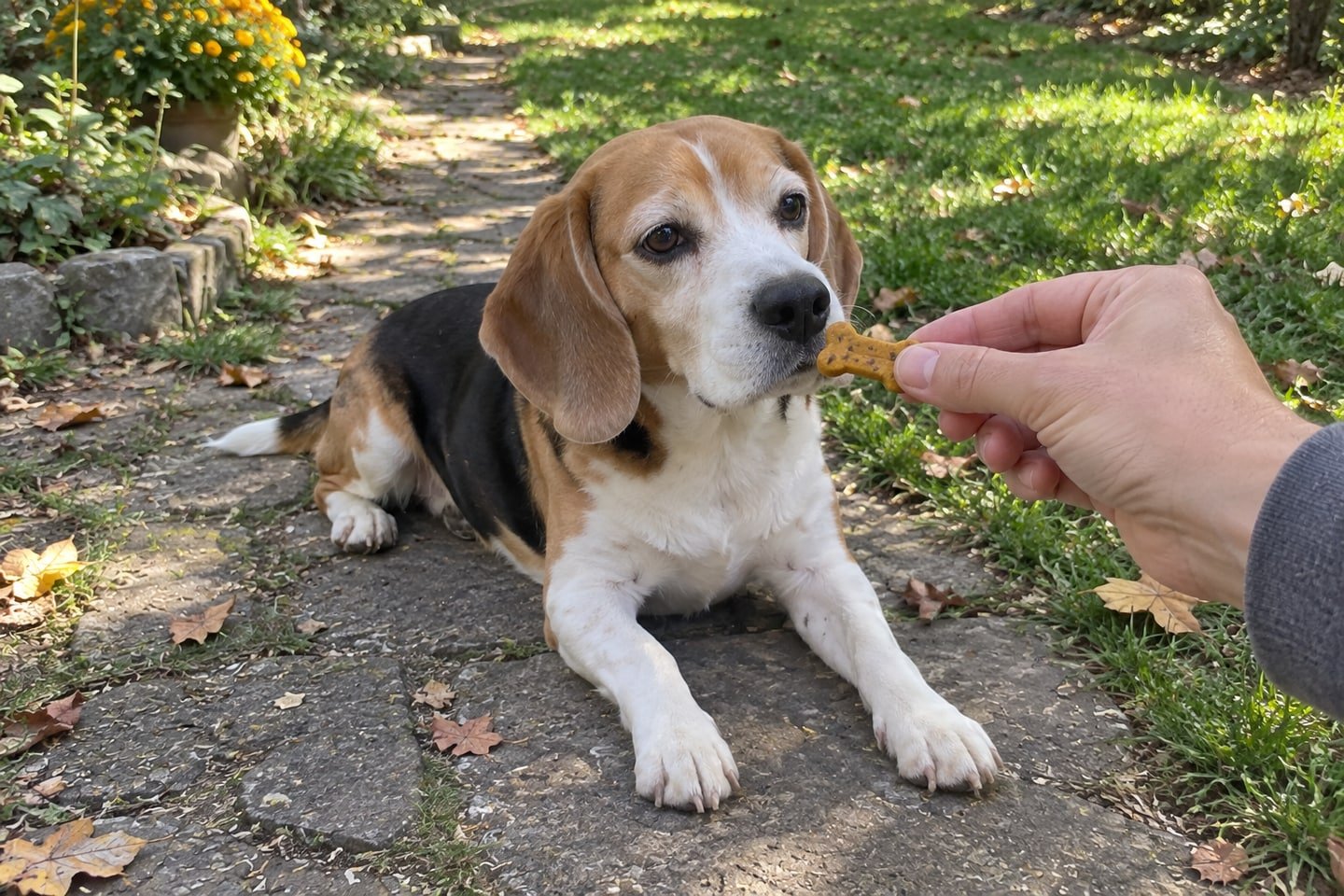 A hand offering a small banana pumpkin and flax dog treats treat to the beagle