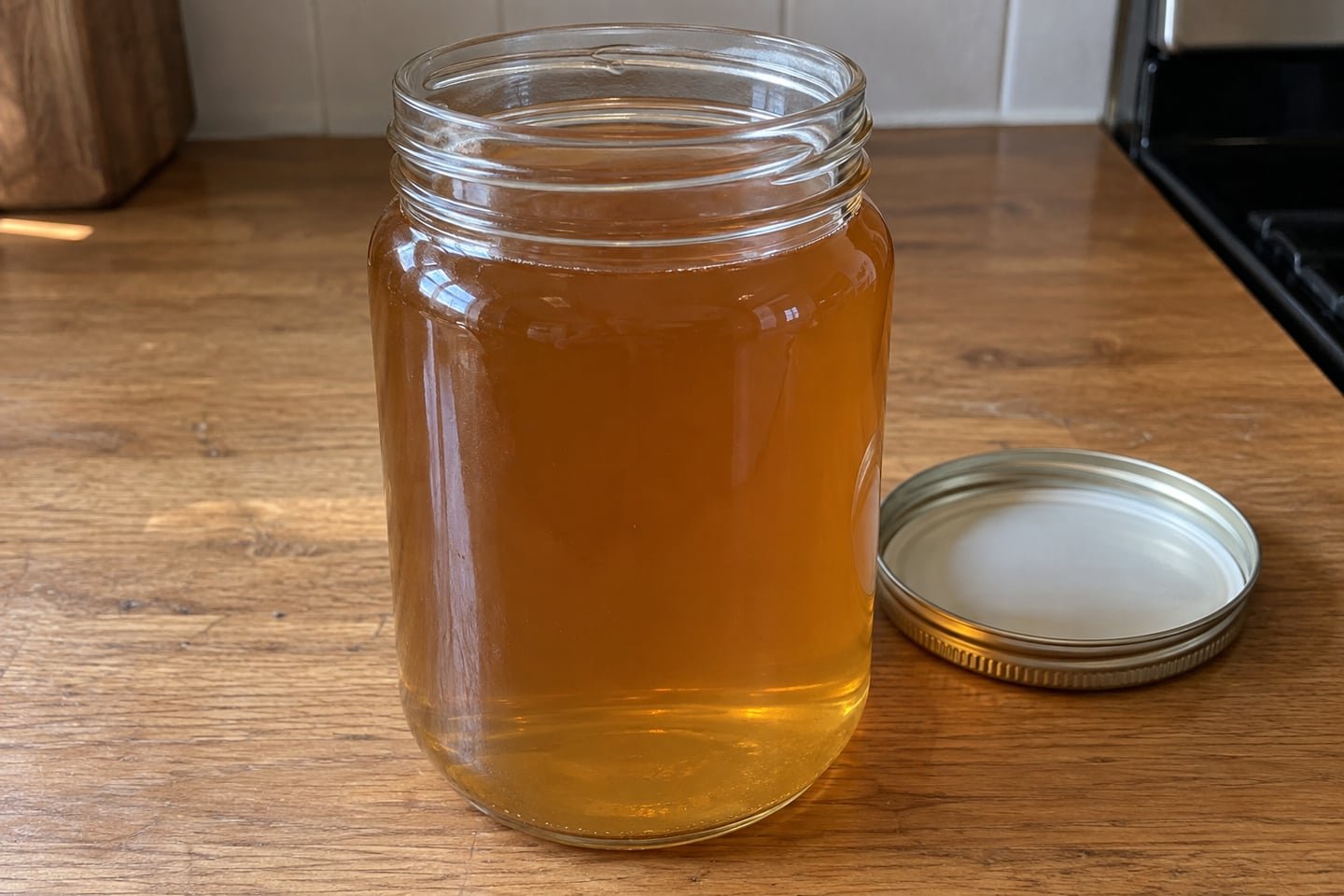 Clear amber beef broth in one open plain glass storage jar on an oak counter, screw lid beside it; no solids, no bones, no ingredients nearby