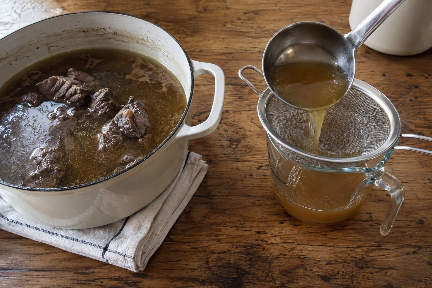 Preparing slow-cooked beef broth for dog food toppers