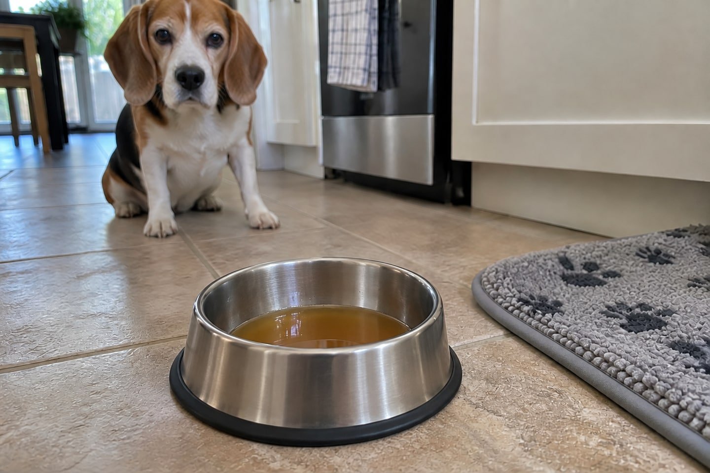 Slow-Cooked Beef Broth for Dog Food Toppers in a stainless steel dog bowl