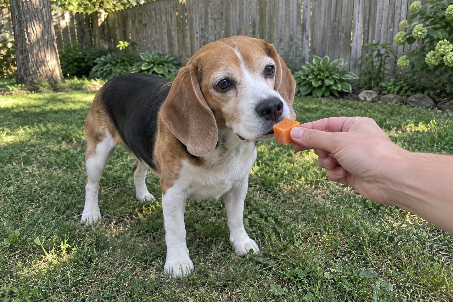 A hand offering a small two-ingredient carrot broth freezer treats treat to the beagle