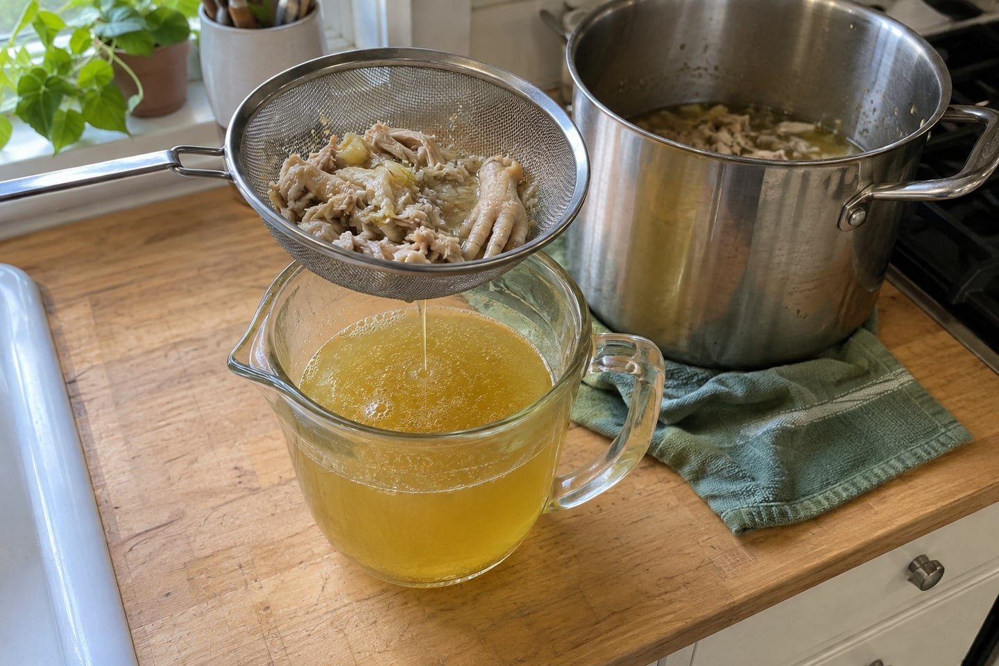 Preparing homemade chicken feet broth for dog toppers