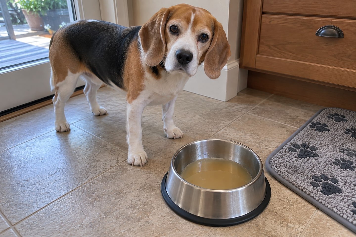 Homemade Chicken Feet Broth for Dog Toppers in a stainless steel dog bowl