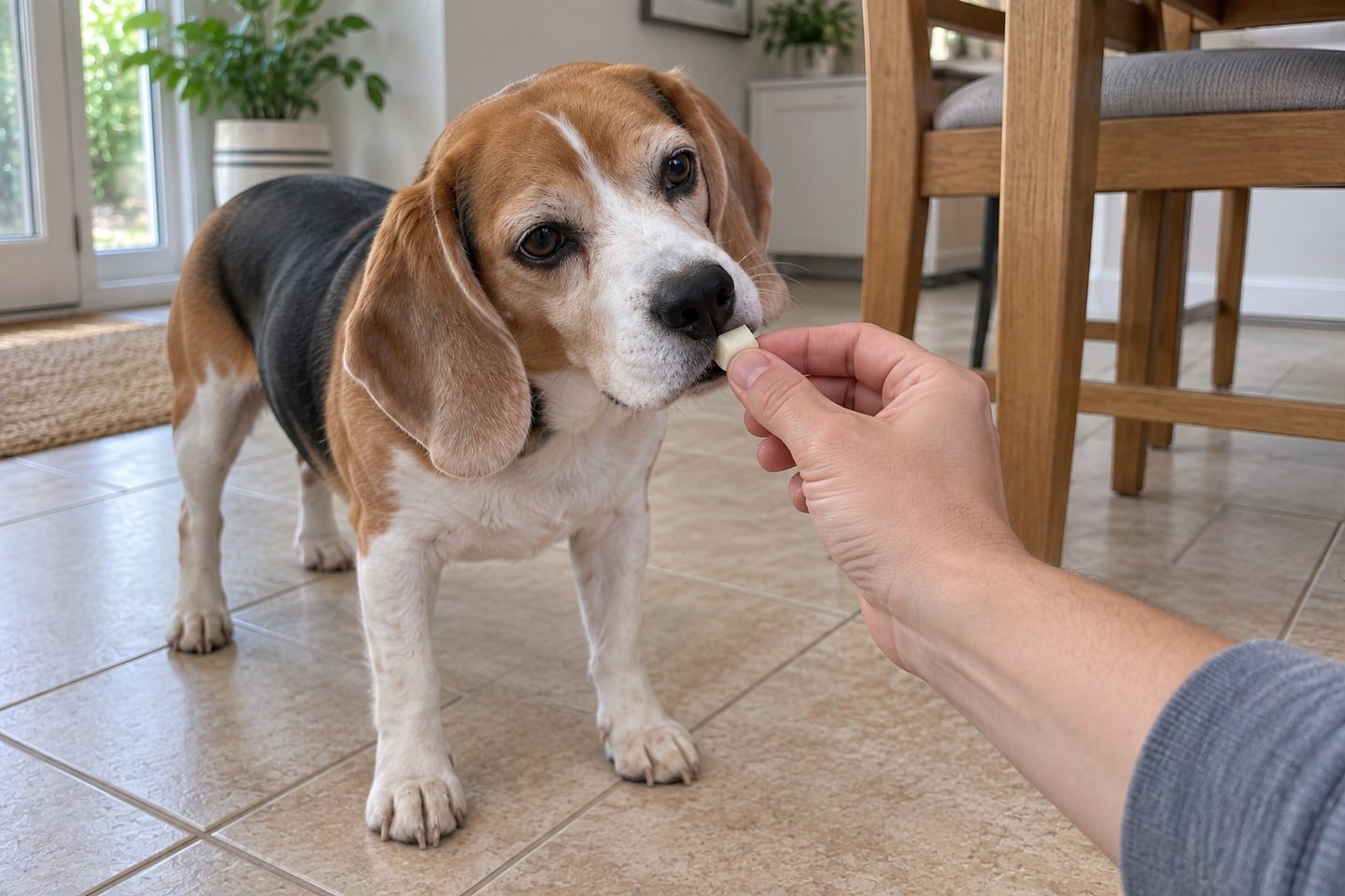 A hand offering a small soft goat milk and broth gummies for dogs treat to the beagle