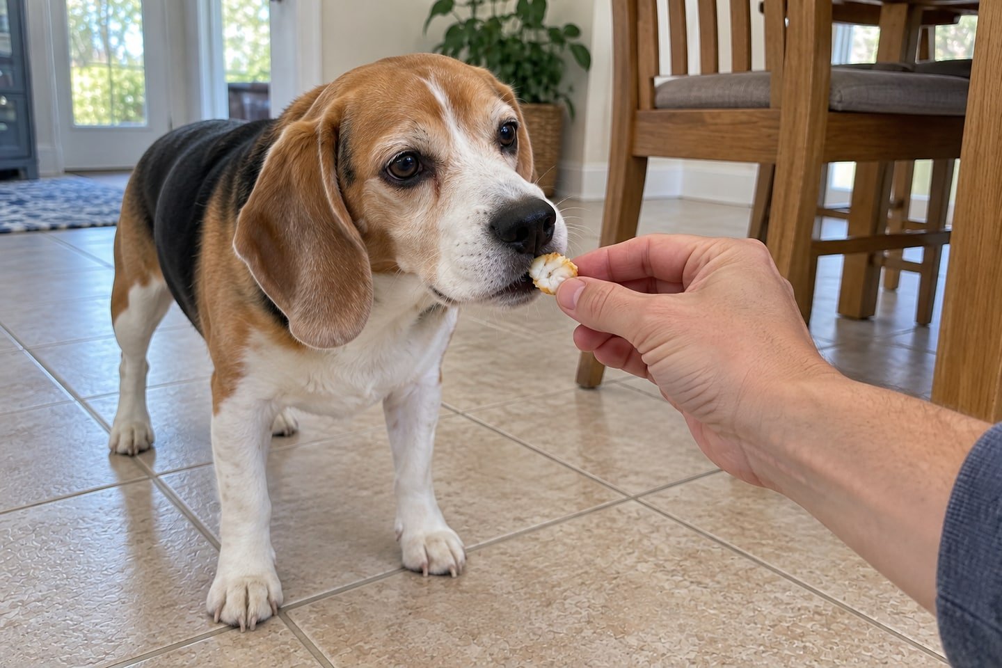 A hand offering a small single-ingredient air fryer cod dog treats treat to the beagle