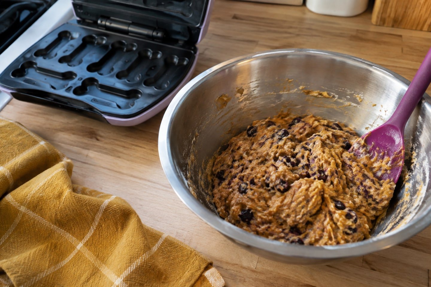 Preparing pumpkin blueberry dog treat maker biscuits