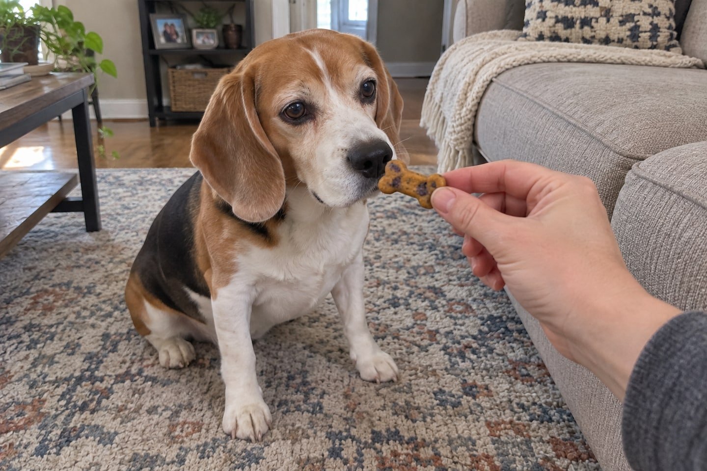 A hand offering a small pumpkin blueberry dog treat maker biscuits treat to the beagle