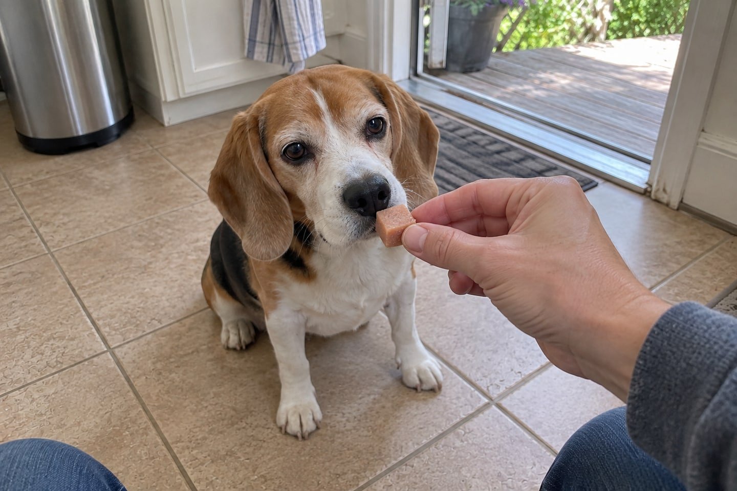 A hand offering a small soft salmon and broth dog gummies treat to the beagle