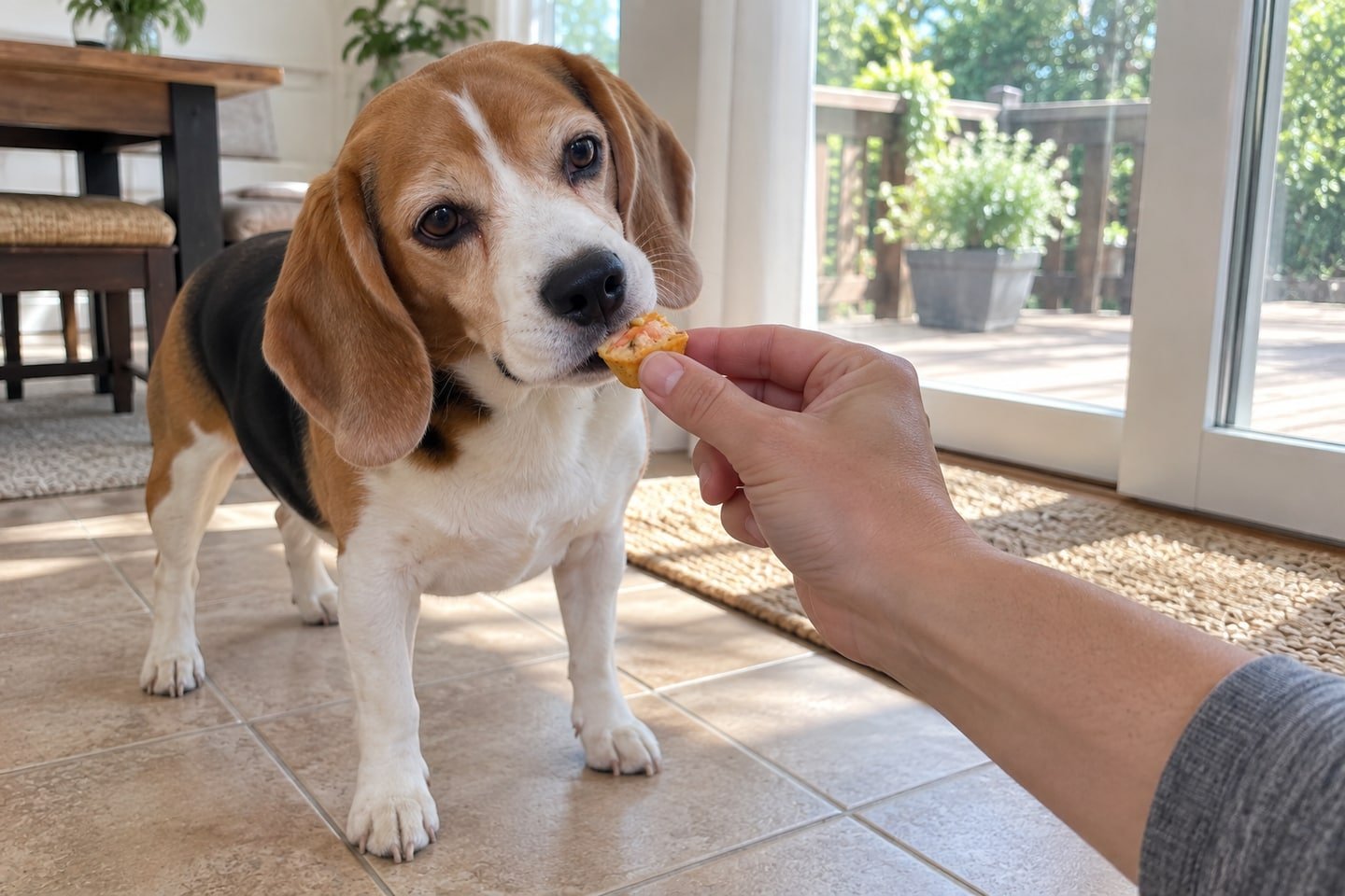 A hand offering a small mini salmon and pumpkin egg muffins for dogs treat to the beagle