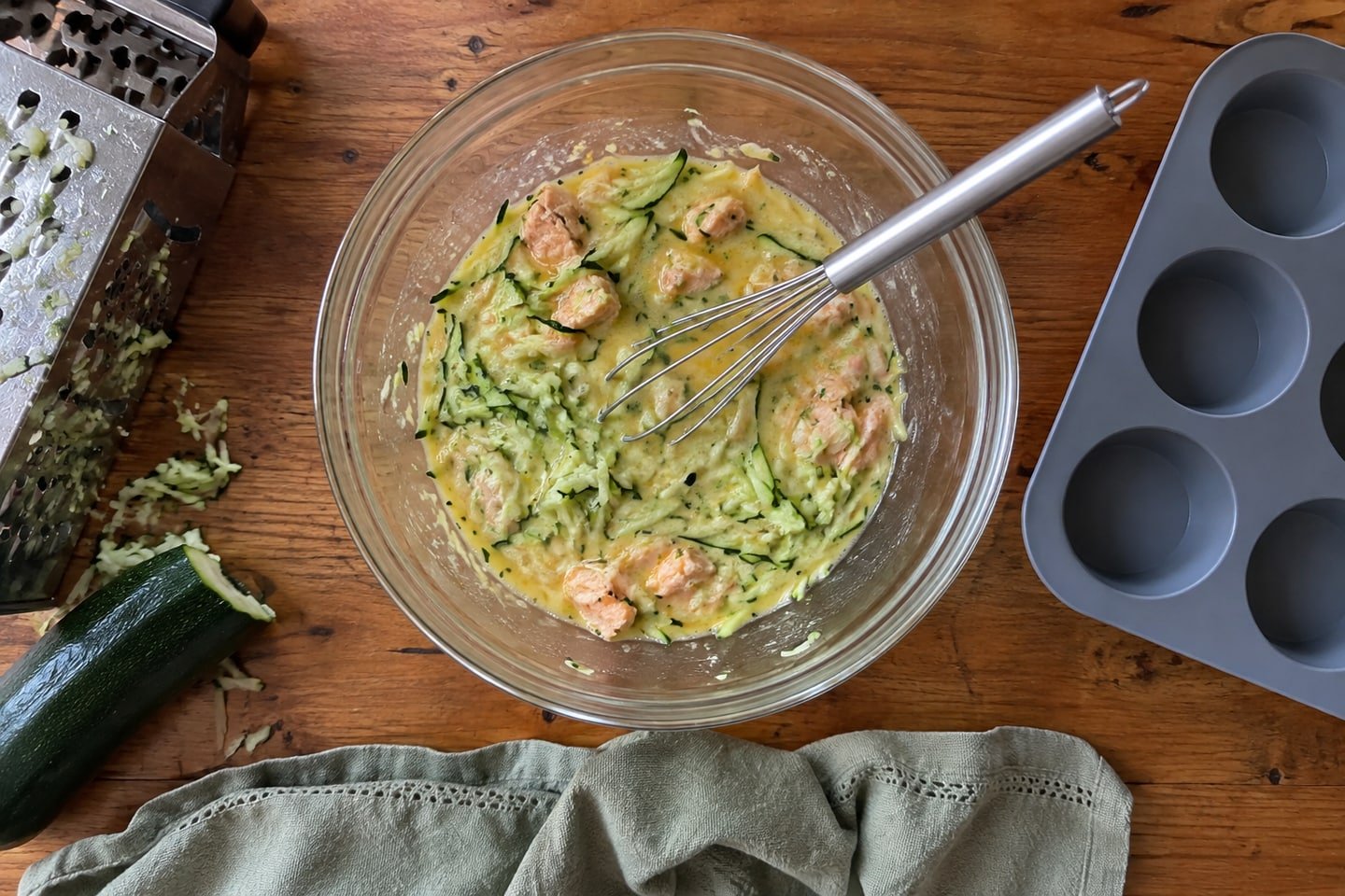 Preparing salmon and zucchini egg bites for dogs