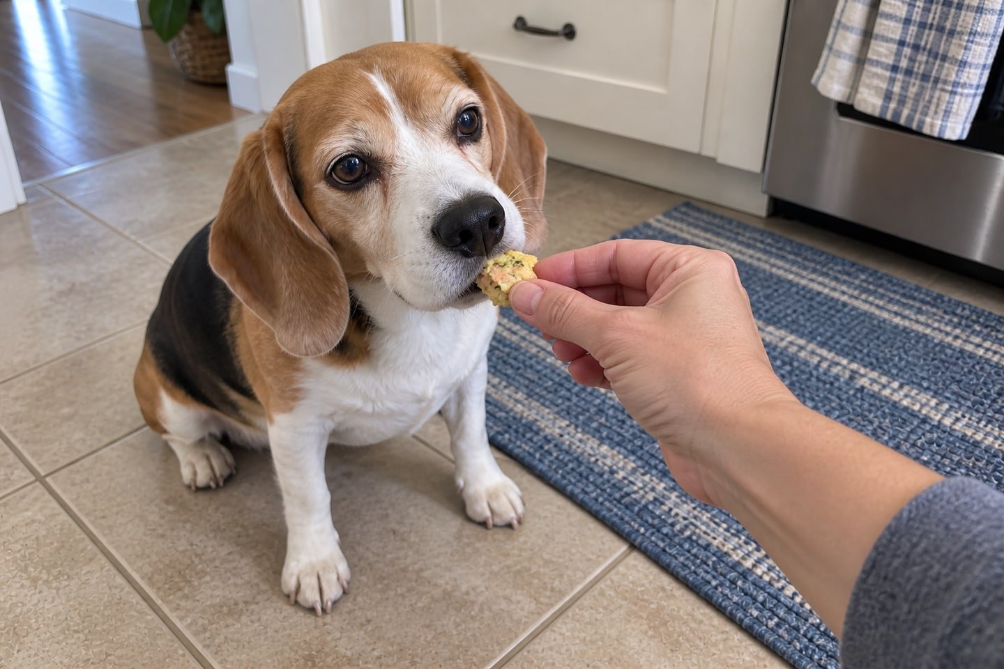 A hand offering a small salmon and zucchini egg bites for dogs treat to the beagle