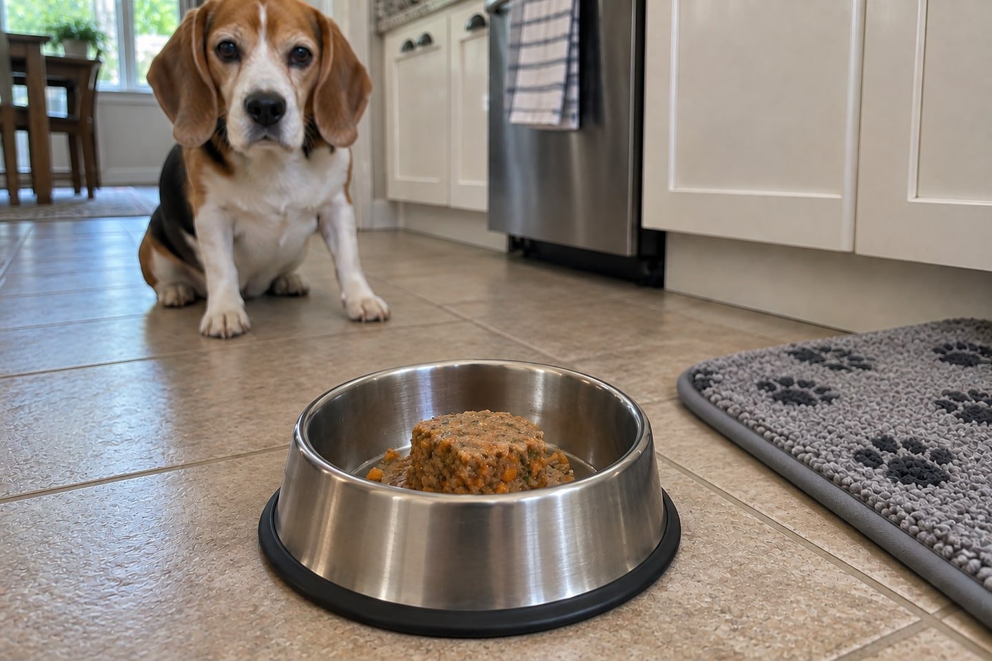 Sardine and Sweet Potato Loaf for Dogs in a stainless steel dog bowl