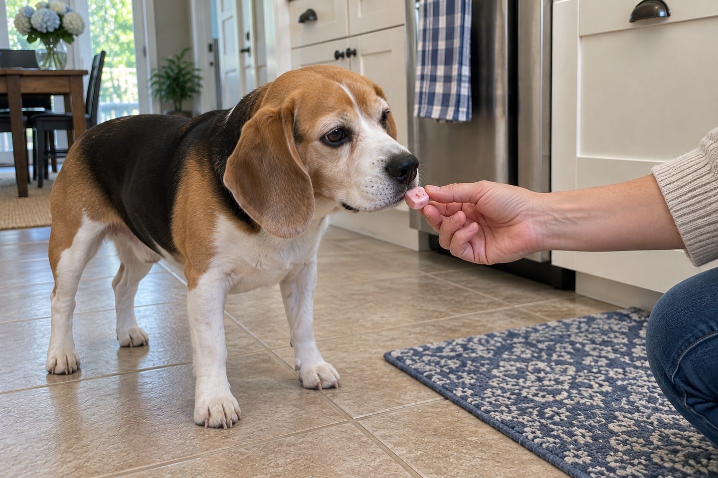 A hand offering a small strawberry yogurt frozen dog treats treat to the beagle
