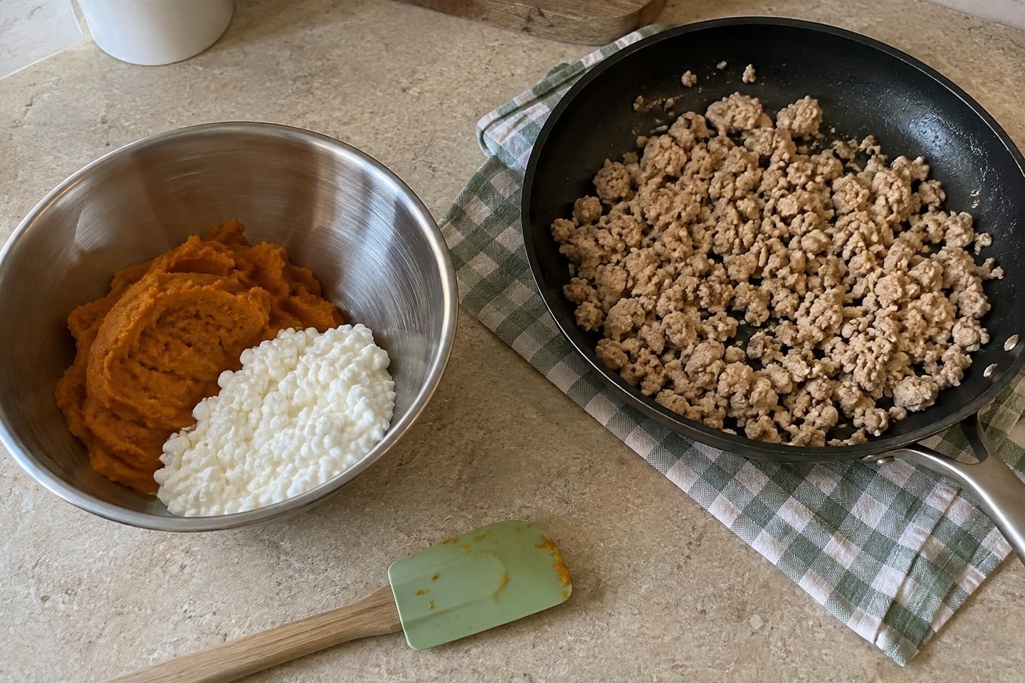 Preparing turkey and pumpkin topper with cottage cheese