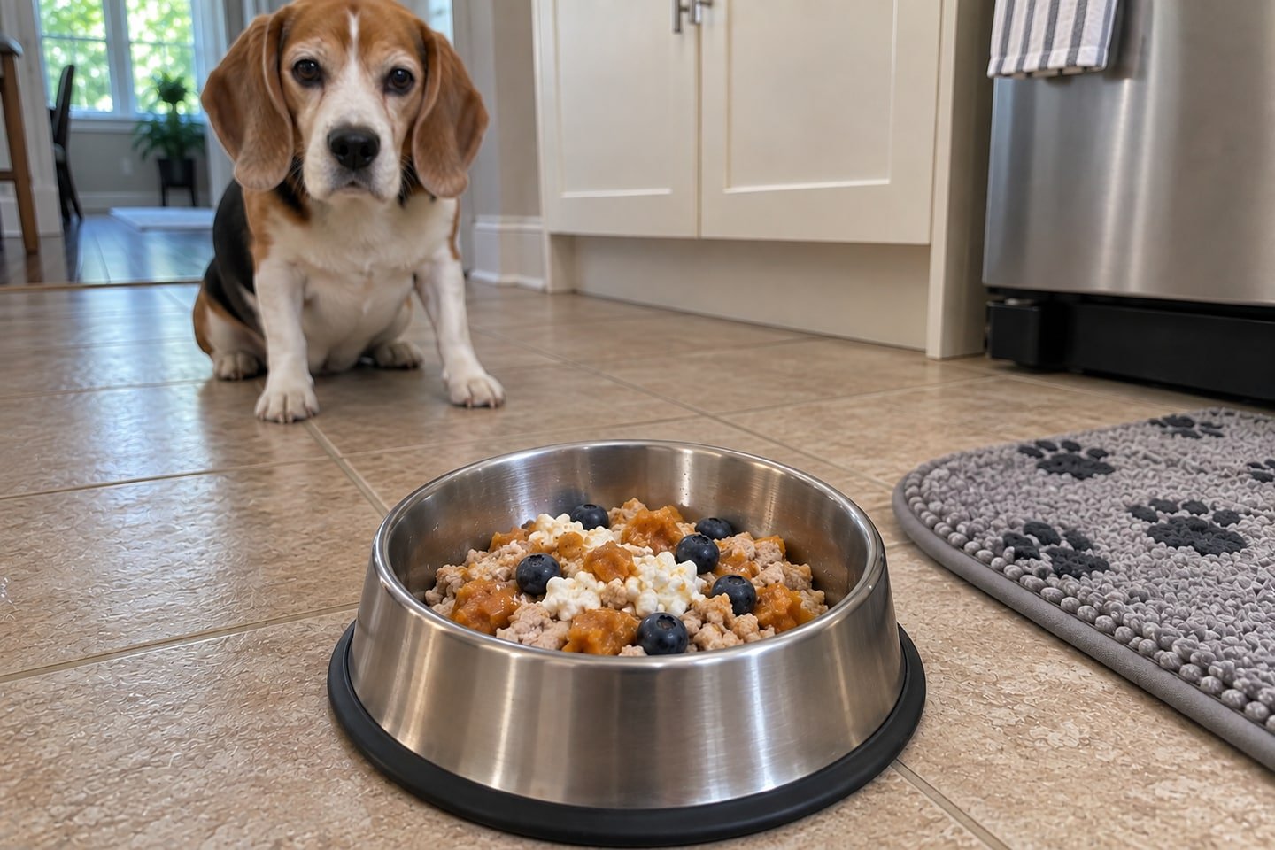 Turkey and Pumpkin Topper with Cottage Cheese in a stainless steel dog bowl