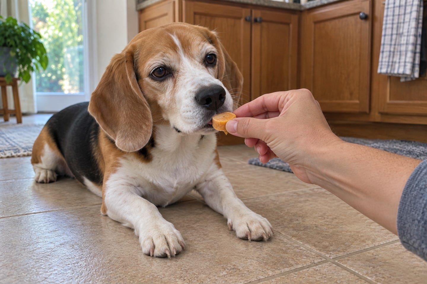 A hand offering a small two-ingredient pumpkin frozen dog treats treat to the beagle