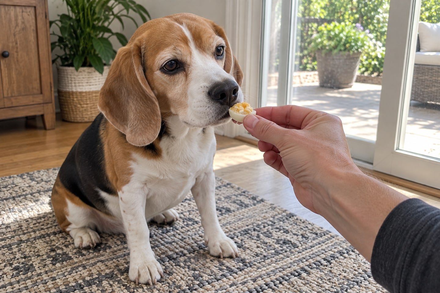 A hand offering a small yogurt-filled egg bites for dogs treat to the beagle