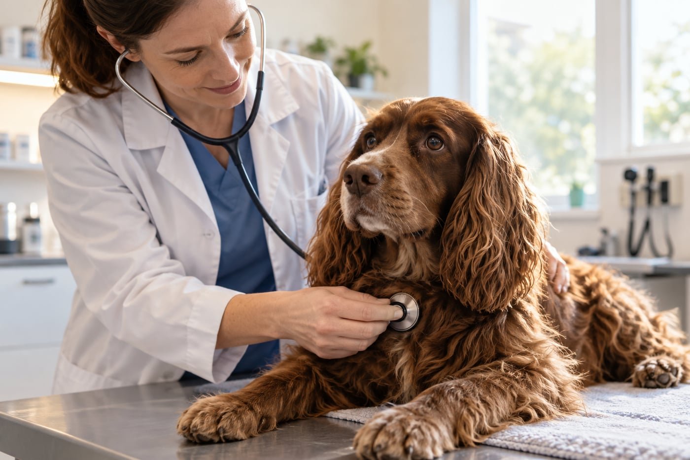 Veterinarian listening to a spaniel's chest with a stethoscope.
