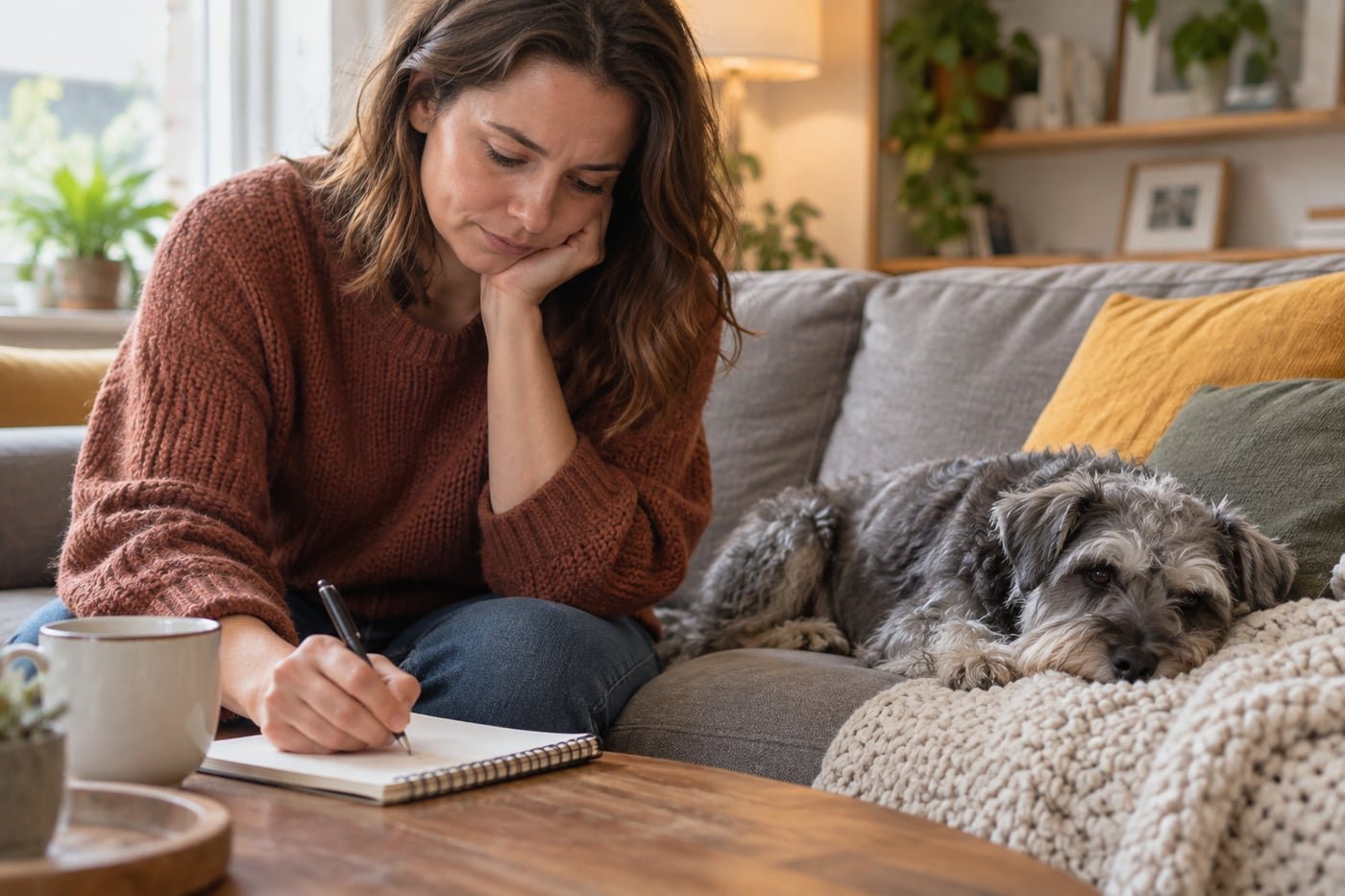 Owner writing observations beside a resting gray terrier.