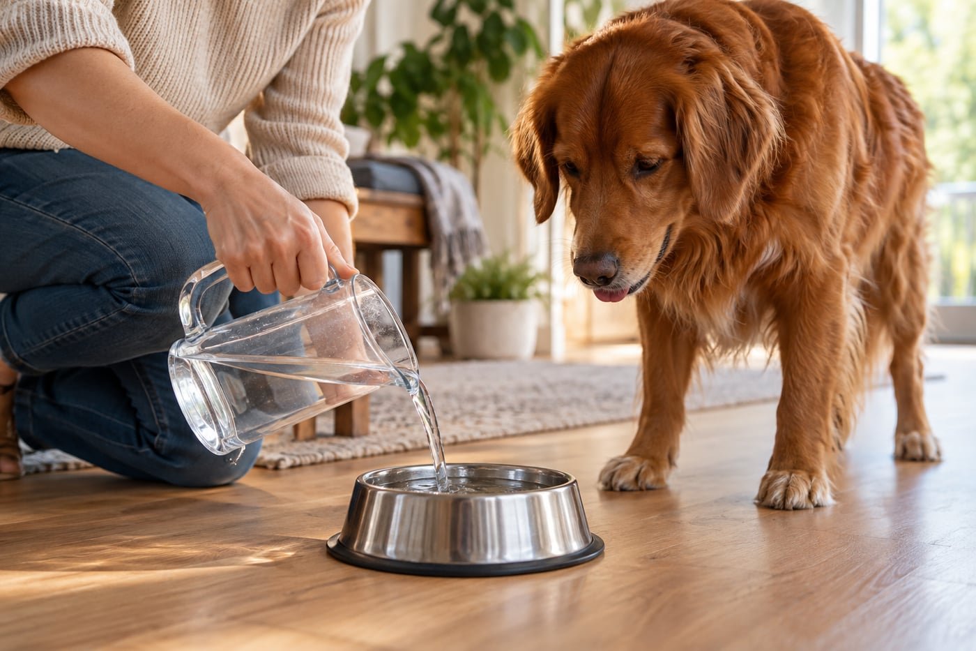 Owner pouring fresh water into a bowl for a red-coated dog.