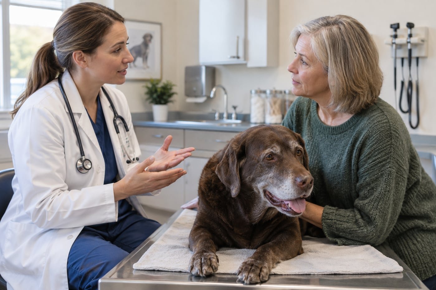 Owner and veterinarian consulting beside an older Labrador.