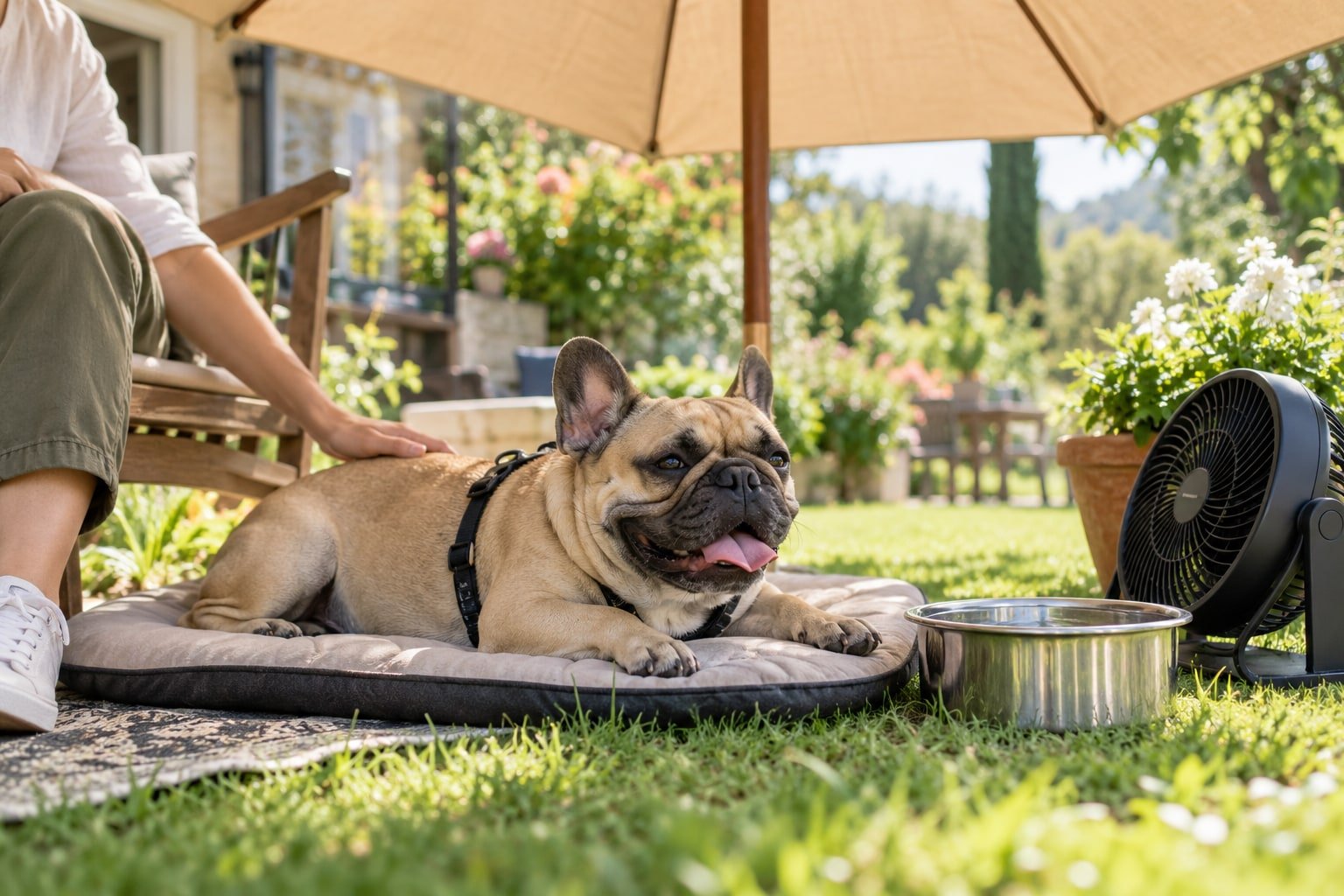 French bulldog resting near a fan and water in shade.