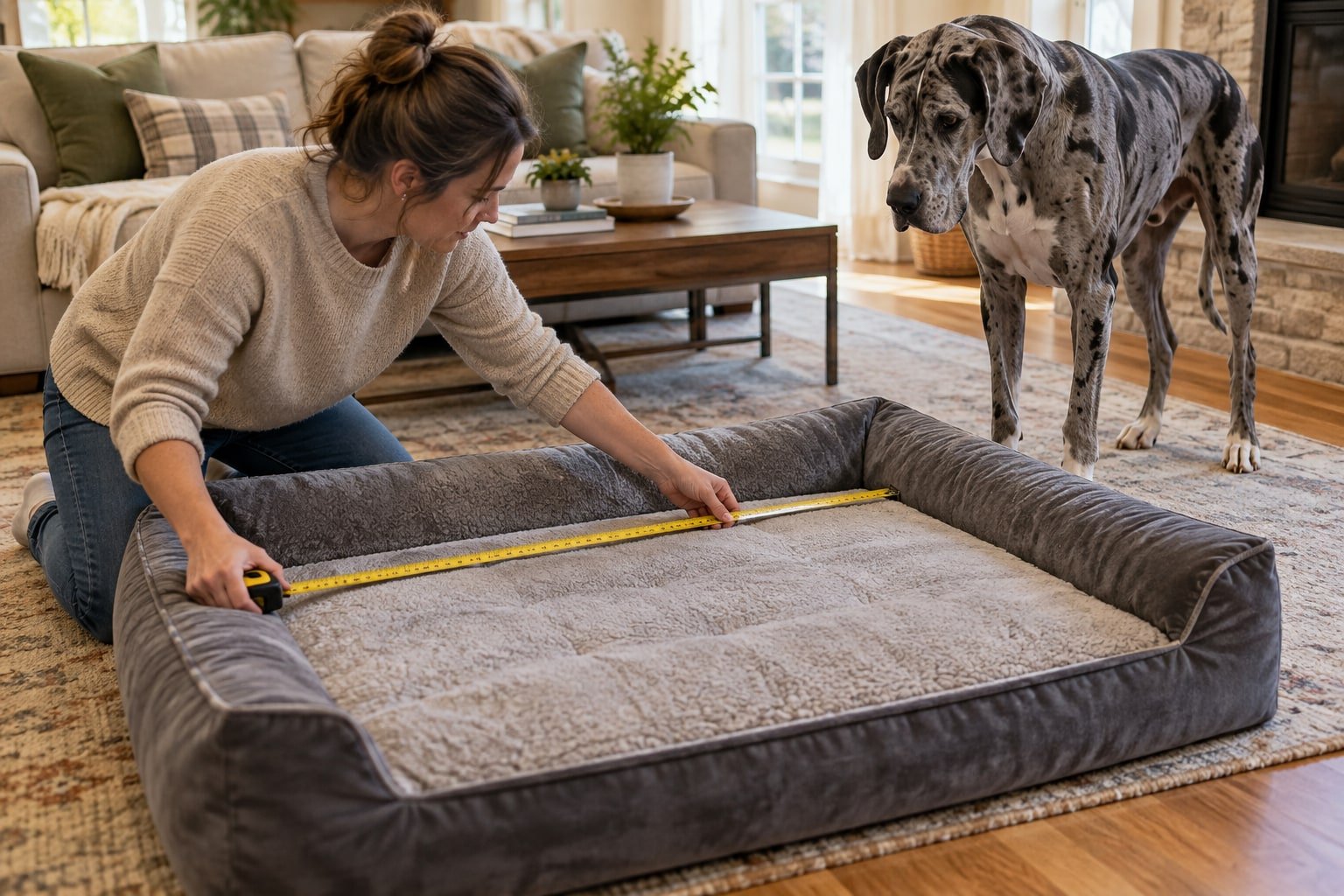 Owner measuring a bed beside a Great Dane.